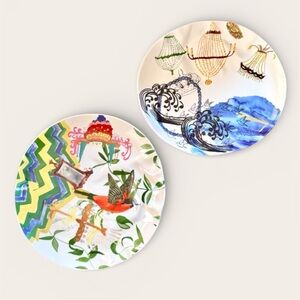 Anthropologie REBEKAH MAYSLES Plates Dessert Salad Ripple Wavy Bird Set 2 8.25”